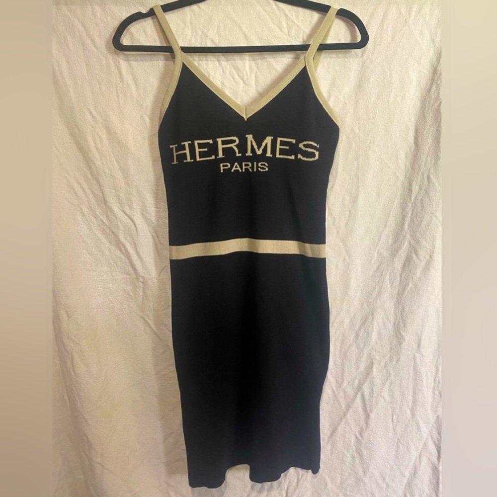 Hermes Paris Logo Black Bodycon Knit Sweater Stretch Tank Mini Dress Size Small